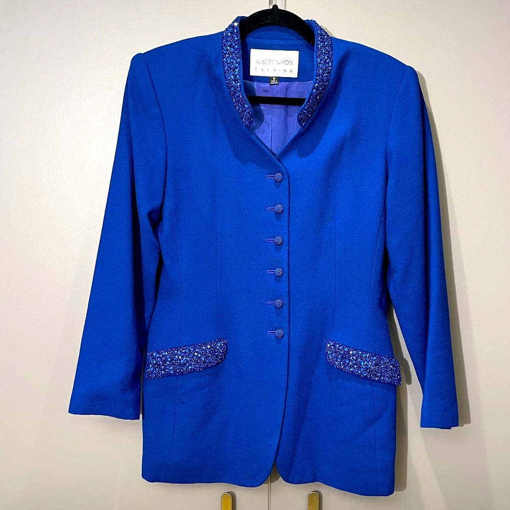 Albert Nipon Evening Beaded Blazer Royal Blue Wool Lined SZ 8